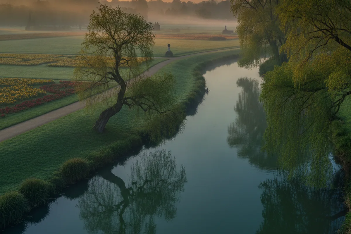 Gera-Fluss und Parklandschaft im Abendlicht — sinnbildlich für Egapark und Erfurter Grünflächen