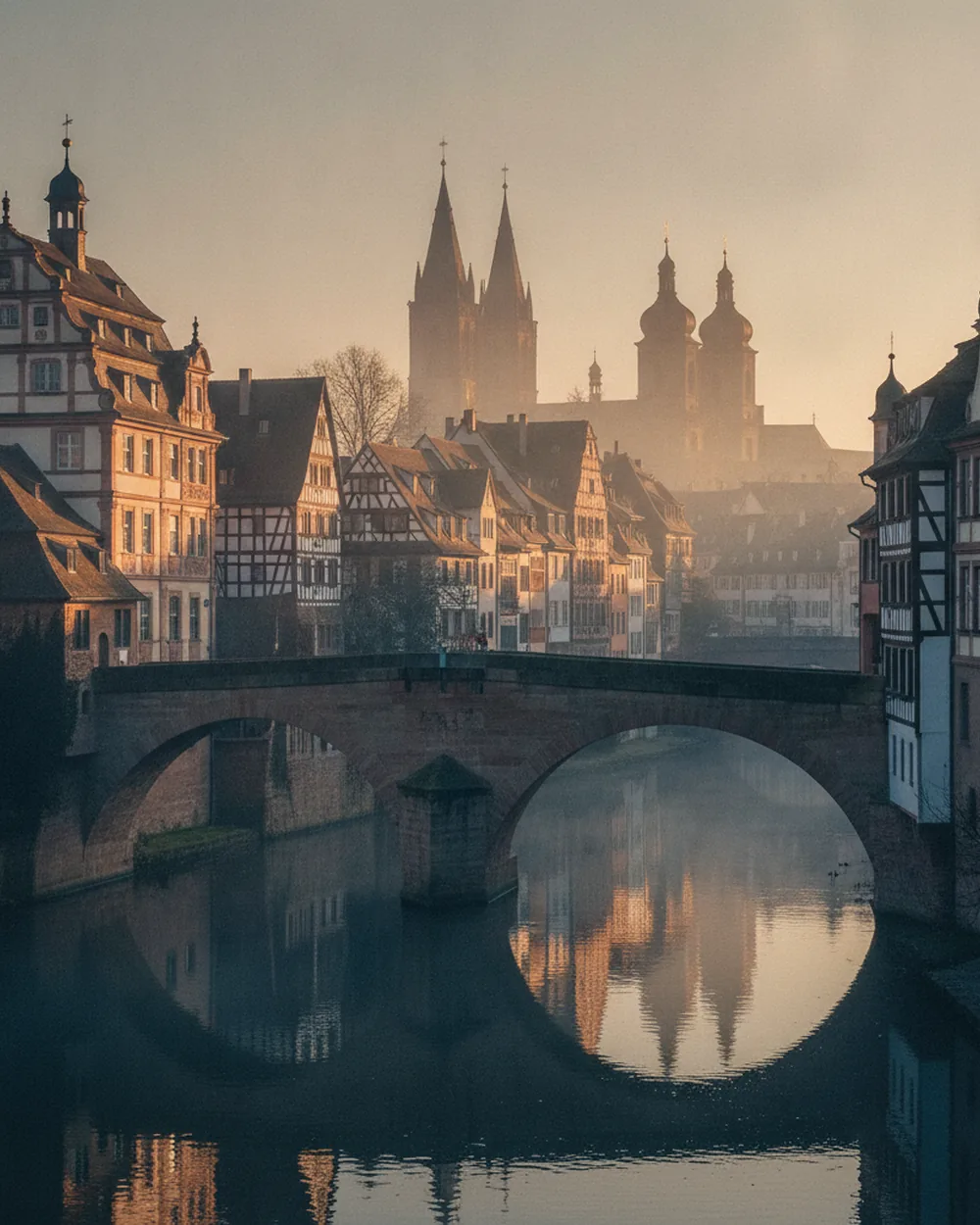 Historische Altstadt-Brücke mit Fachwerkerhäusern und Kirchturm-Silhouette — sinnbildlich für Erfurts mittelalterliches Erbe